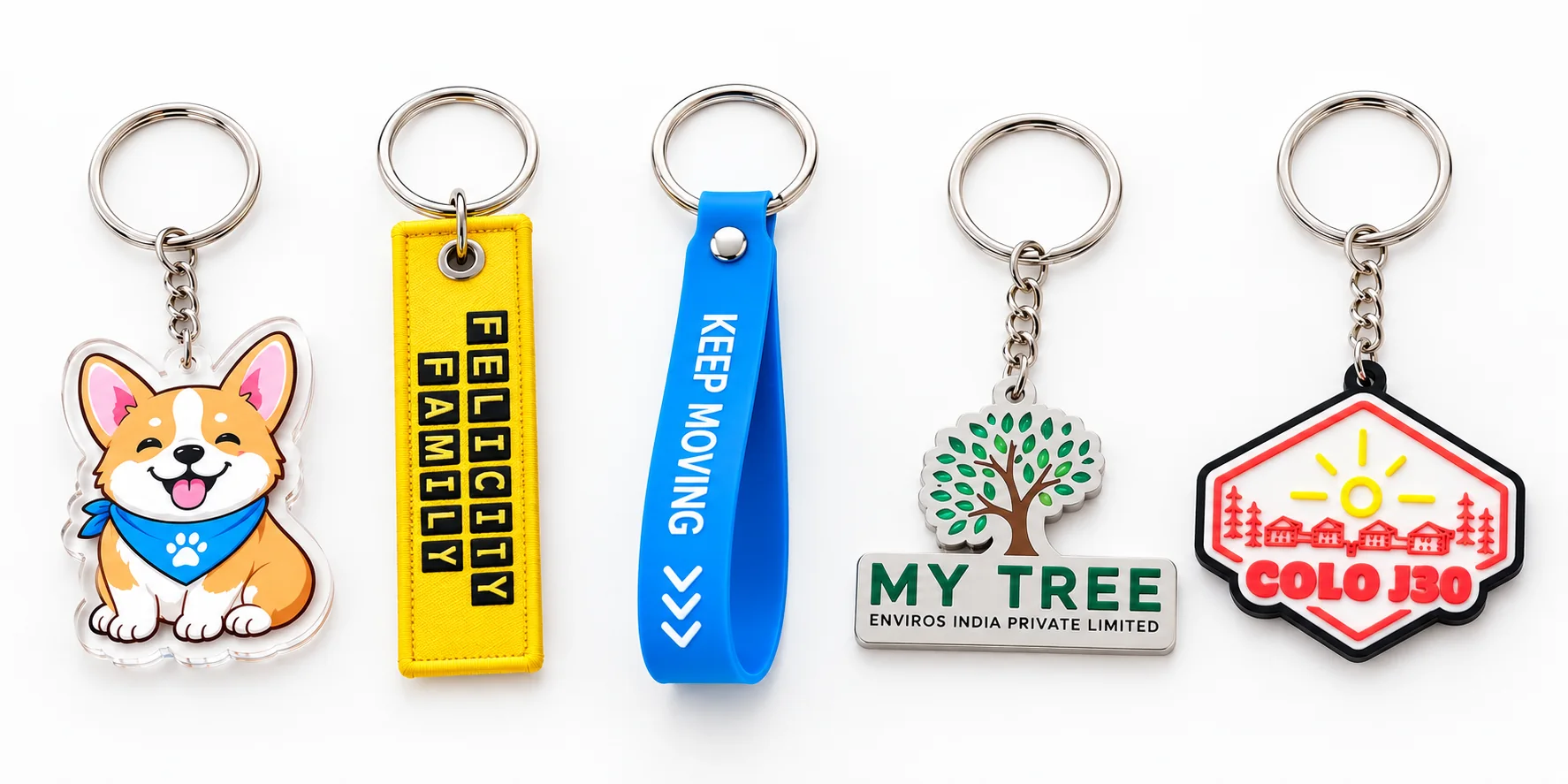 Custom keychains in acrylic, fabric, silicone, PVC and metal