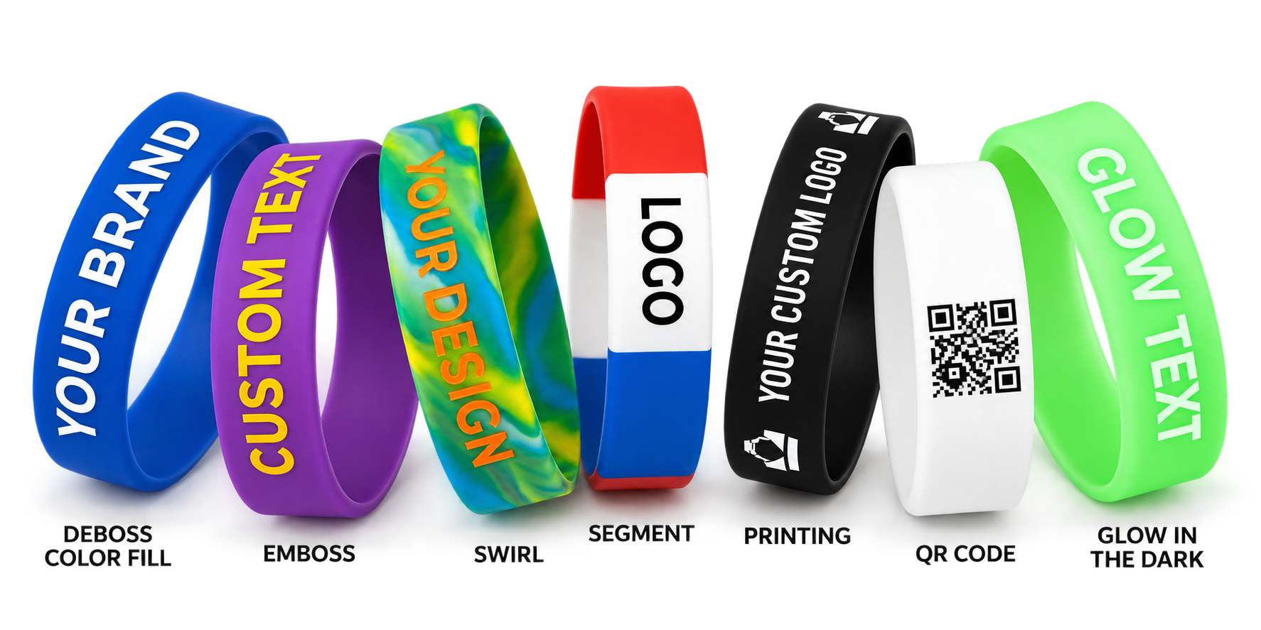Custom silicone wristbands showing debossed color fill, embossed, swirl, segmented, printed, QR code and glow-in-the-dark customization styles