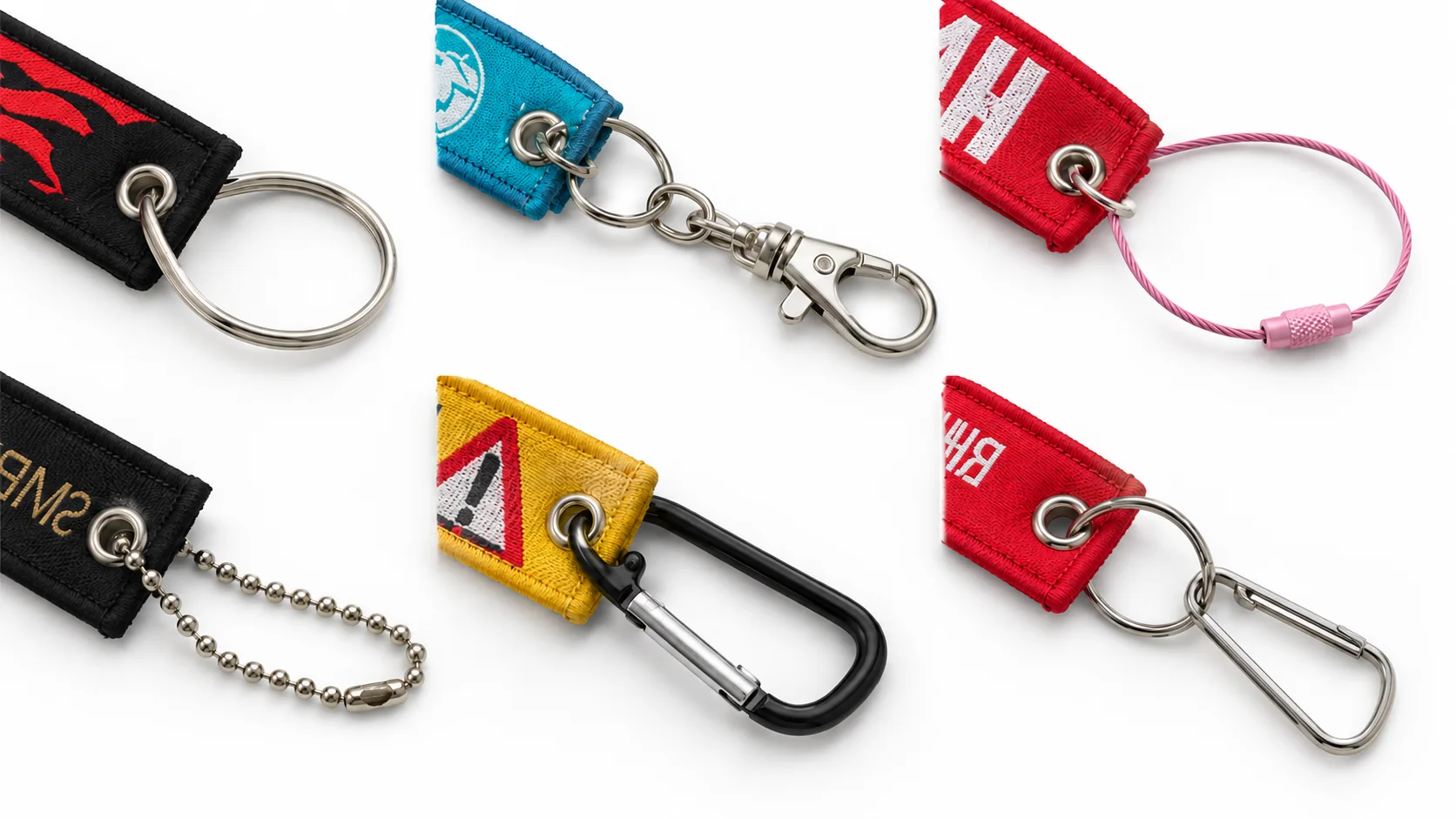 Hardware and attachment examples for custom fabric keychains
