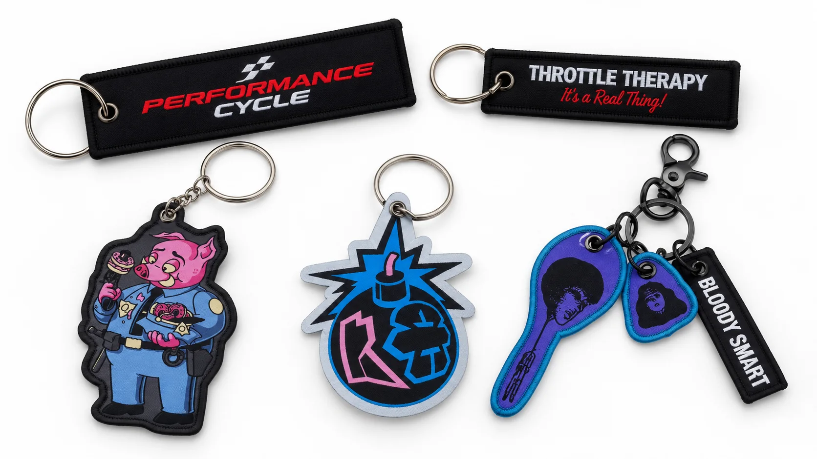 Fabric keychains in custom rectangular and shaped designs