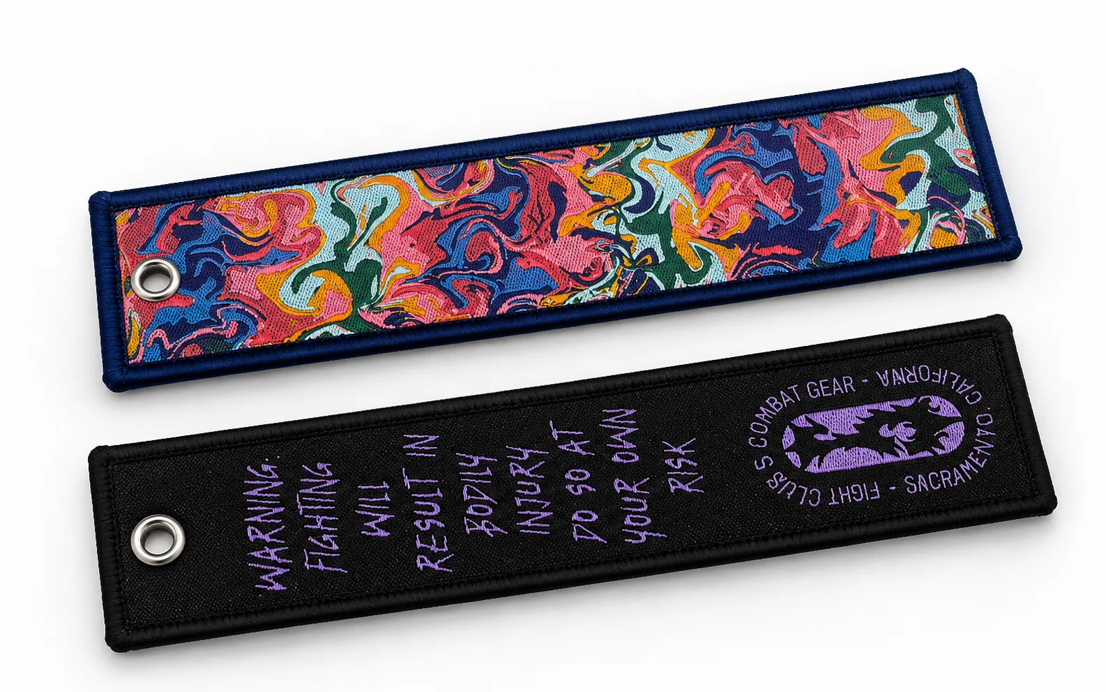 Woven fabric keychains with detailed multicolor artwork